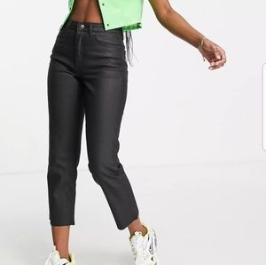 Topshop Coated Straight Leg Cropped Jeans 34X32 High Rise Raw Hem Black